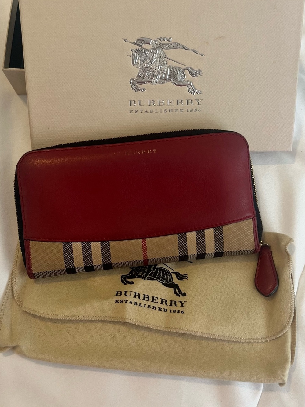 Burberry Red Leather & Beige Check Zip Wallet